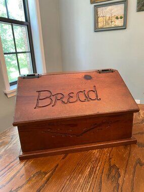 Vintage Wooden Bread Box With Hinged Lid & "Bread" Carving - Rustic Farmhouse Ki